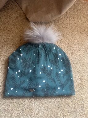 NWOT Teal Pom Beanie Hat with Print